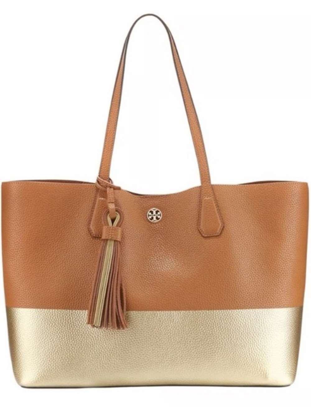 Tory Burch Pebble Leather Classic Tote Bag in Tan & Gold